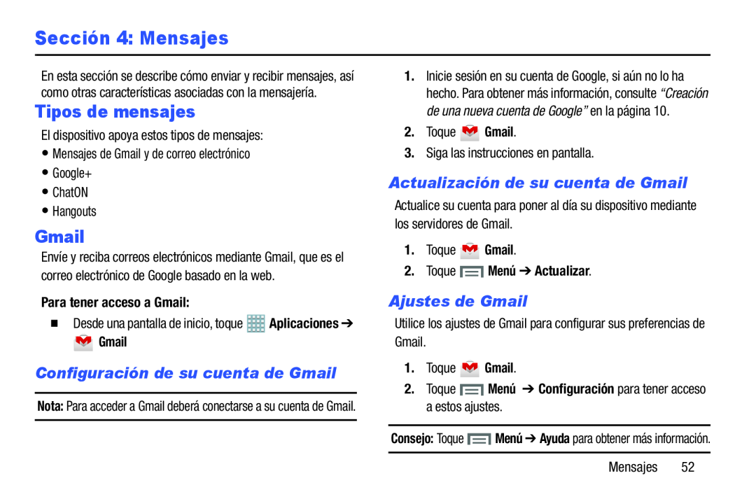 Tipos de mensajes Galaxy Note 8.0 AT&T