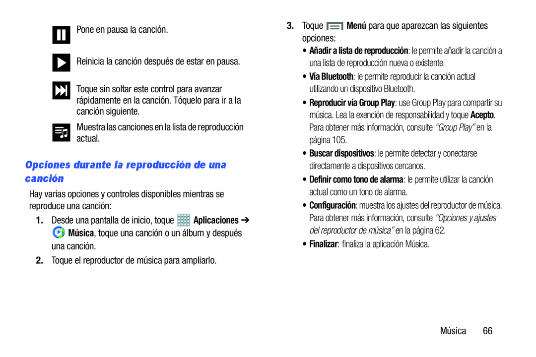 Opciones durante la reproducción de una canción Galaxy Note 8.0 AT&T