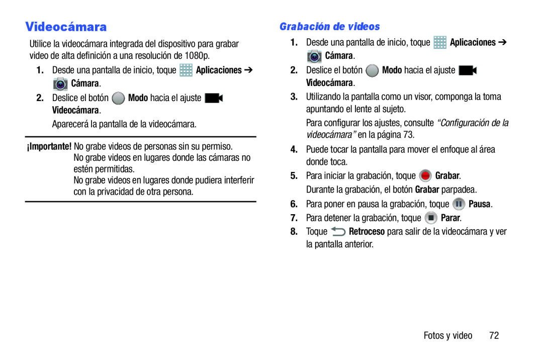 Grabación de videos Videocámara