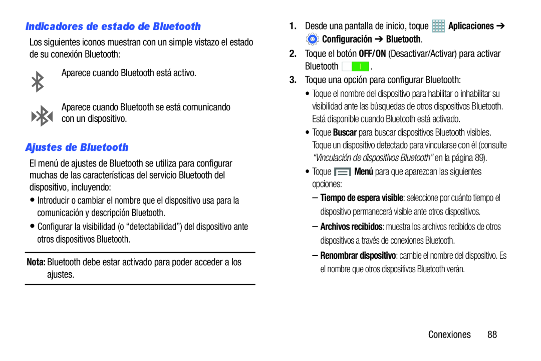 Indicadores de estado de Bluetooth Ajustes de Bluetooth