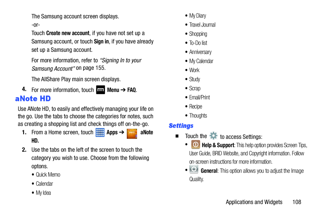 Settings aNote HD