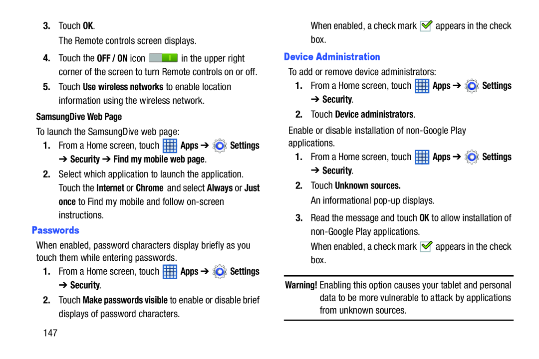 ➔ Security ➔ Find my mobile web page Galaxy Note 8.0 Wi-Fi