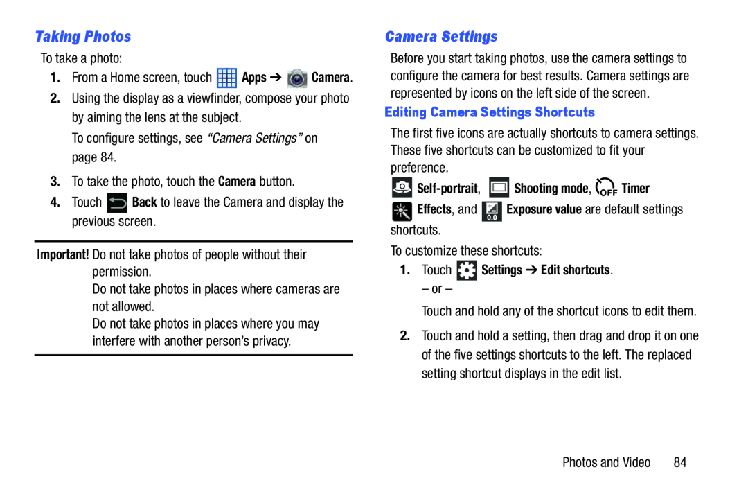 Taking Photos Camera Settings