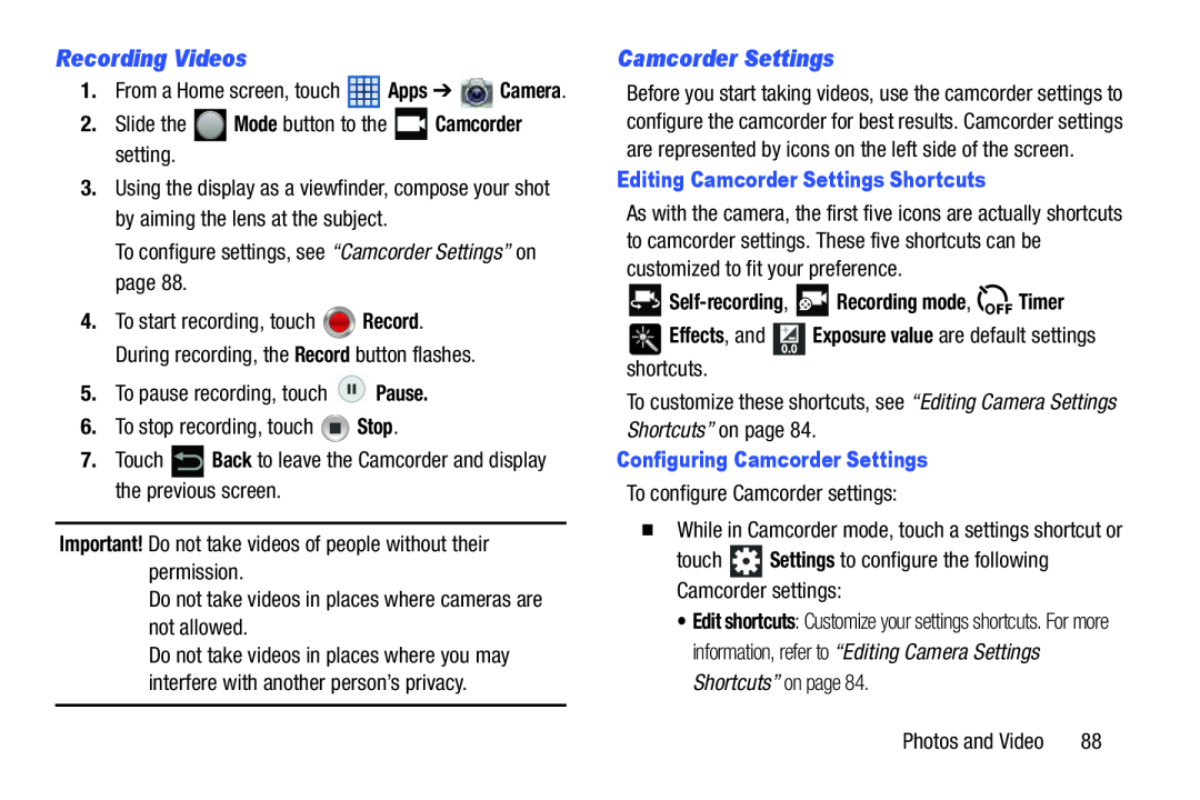 Recording Videos Camcorder Settings