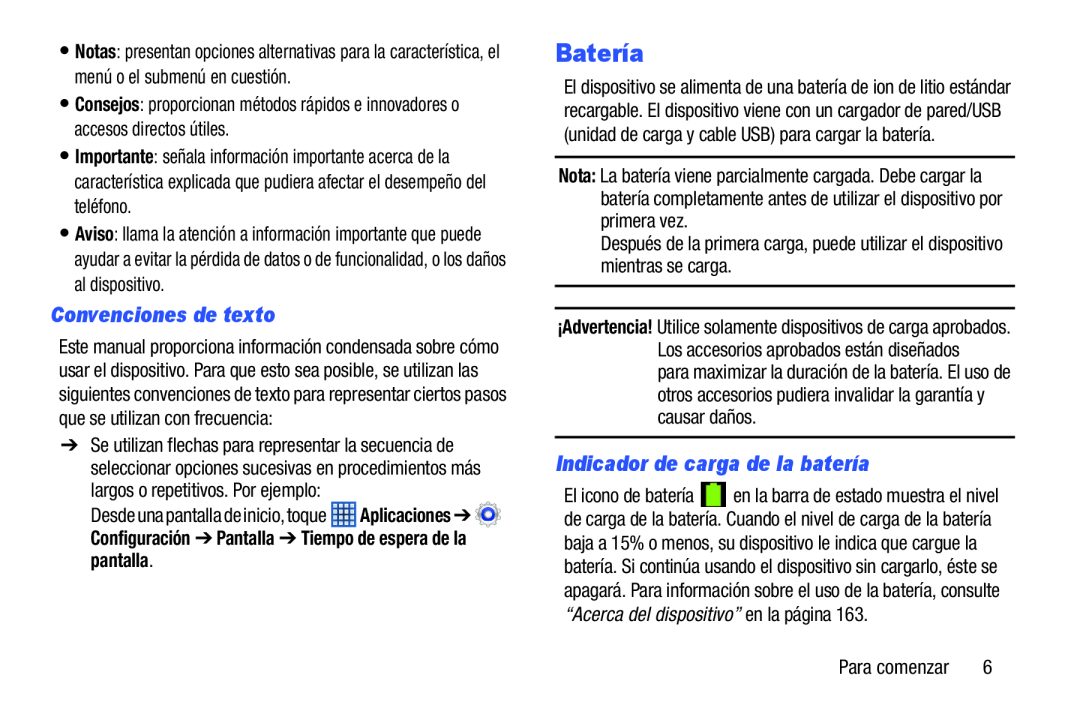 Convenciones de texto Indicador de carga de la batería