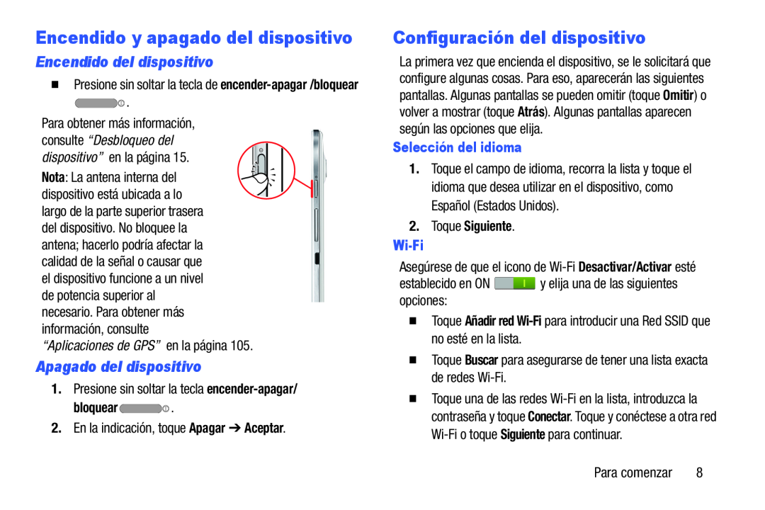 Encendido y apagado del dispositivo Galaxy Note 8.0 Wi-Fi