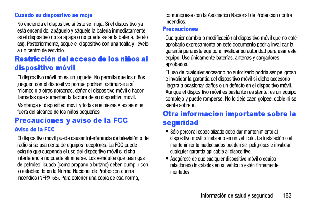 Restricción del acceso de los niños al dispositivo móvil Precauciones y aviso de la FCC