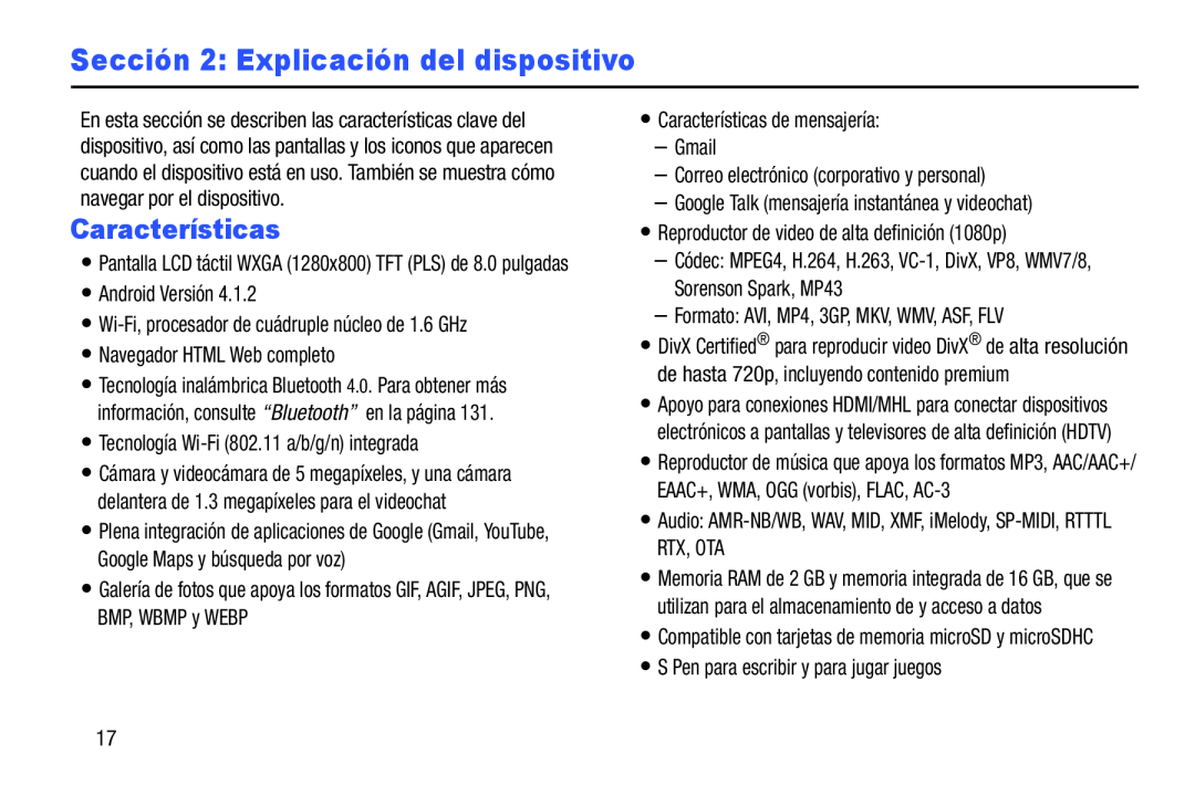 Sección 2: Explicación del dispositivo Galaxy Note 8.0 Wi-Fi