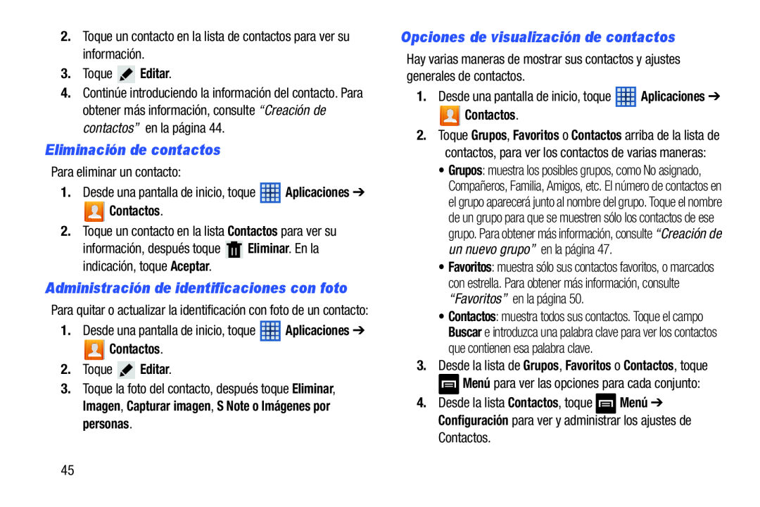 Opciones de visualización de contactos Galaxy Note 8.0 Wi-Fi