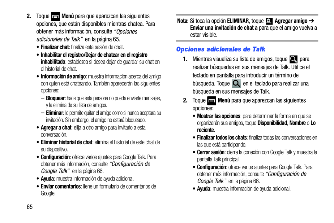 Opciones adicionales de Talk