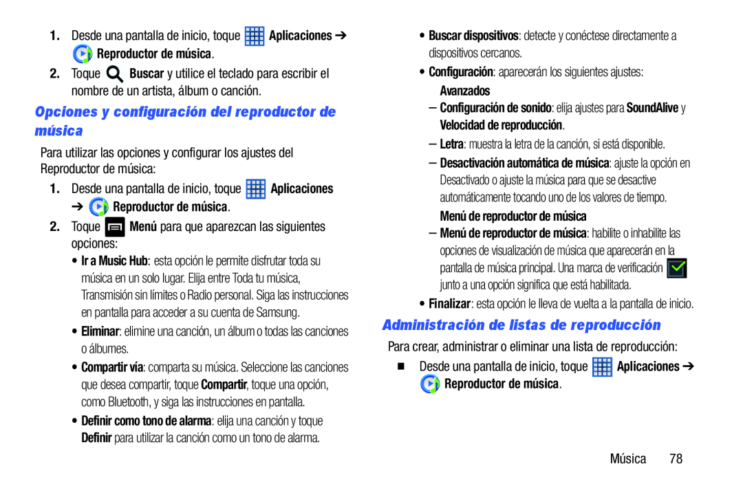 Opciones y configuración del reproductor de música Galaxy Note 8.0 Wi-Fi