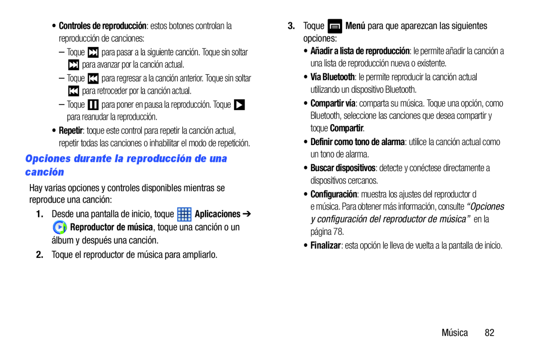 Opciones durante la reproducción de una canción Galaxy Note 8.0 Wi-Fi