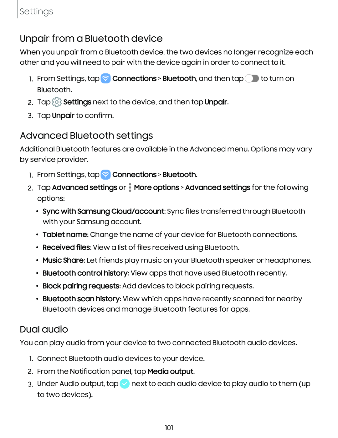 Unpair from a Bluetooth device Advanced Bluetooth settings