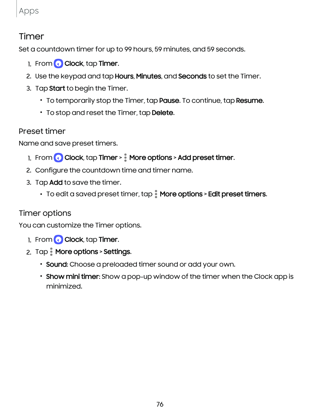 Preset timer Timer options