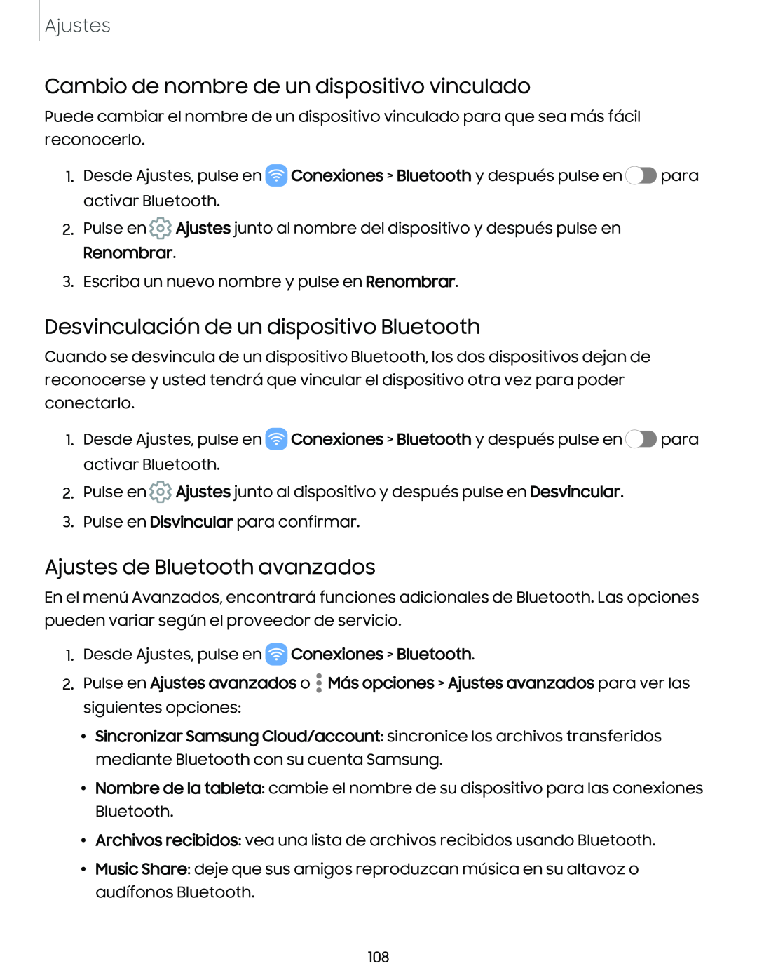 Cambio de nombre de un dispositivo vinculado Desvinculación de un dispositivo Bluetooth