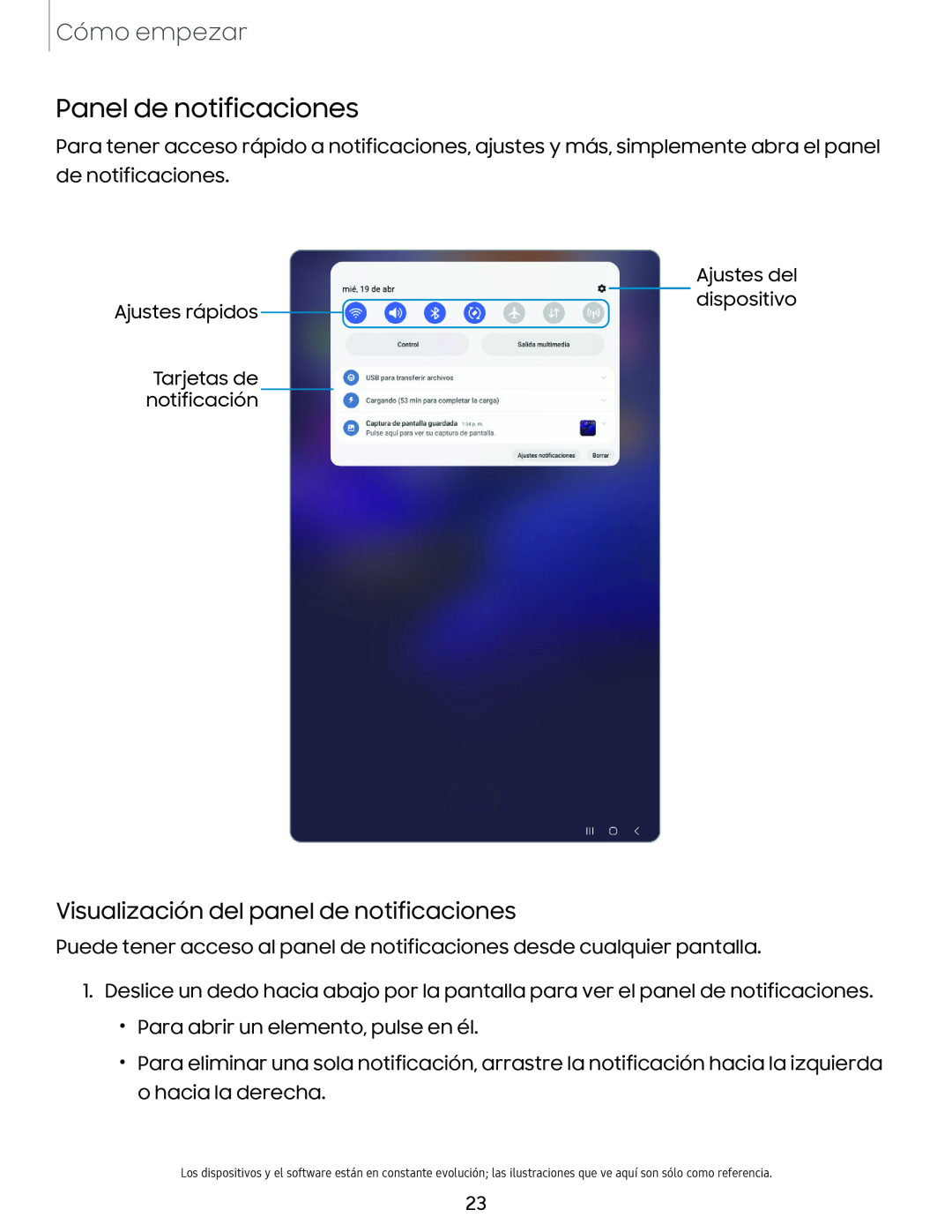 Visualización del panel de notificaciones Panel de notificaciones