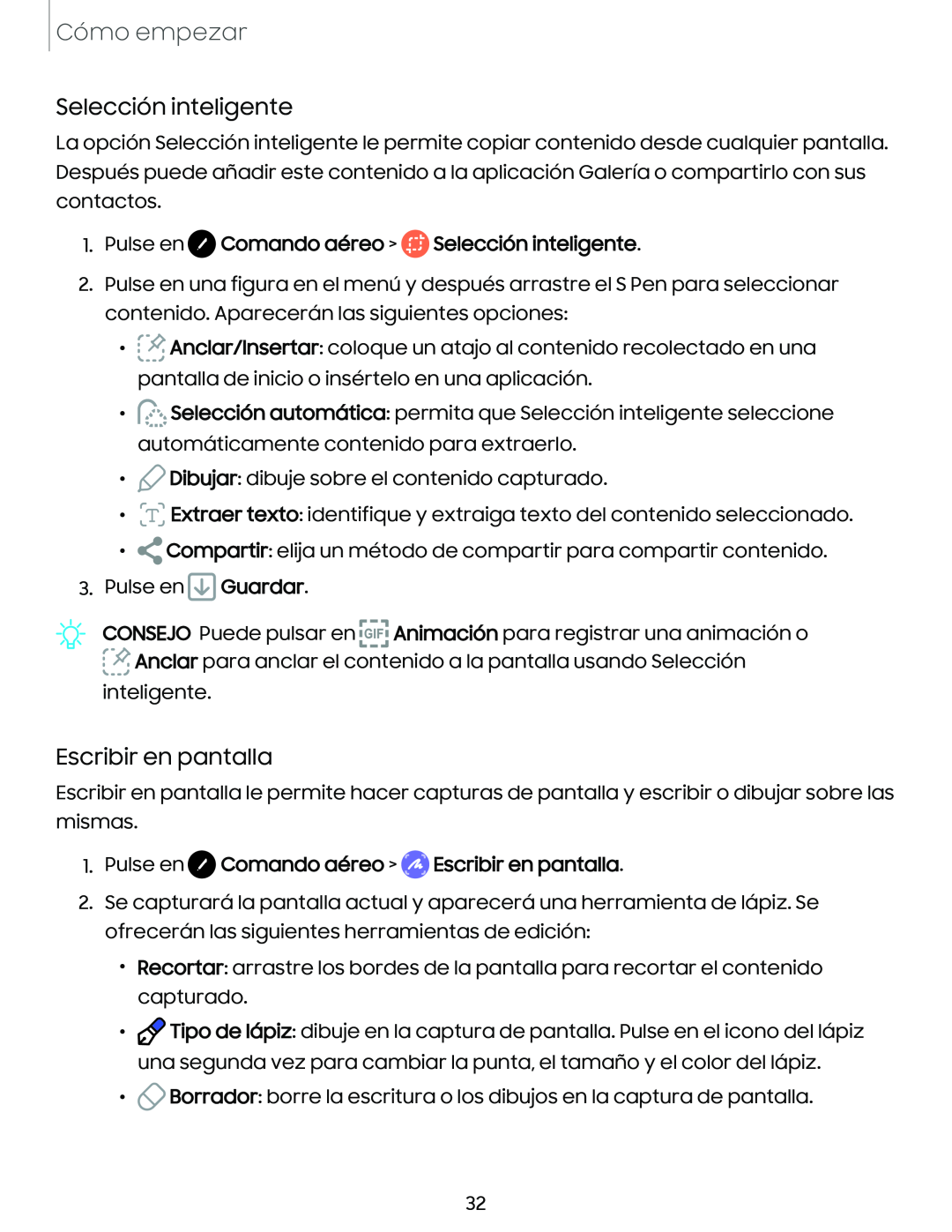 Selección inteligente Escribir en pantalla