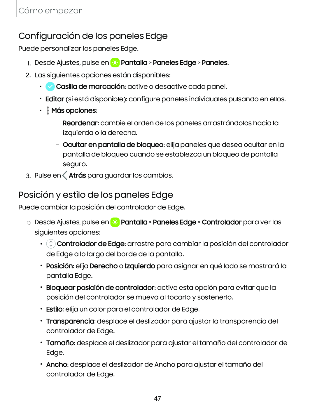 Configuración de los paneles Edge Posición y estilo de los paneles Edge