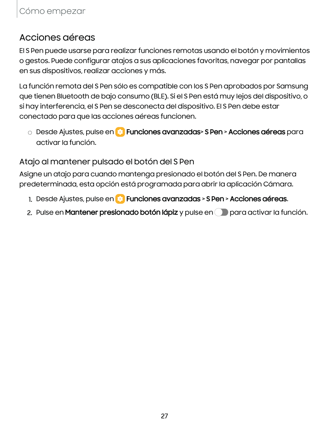 Atajo al mantener pulsado el botón del S Pen Acciones aéreas