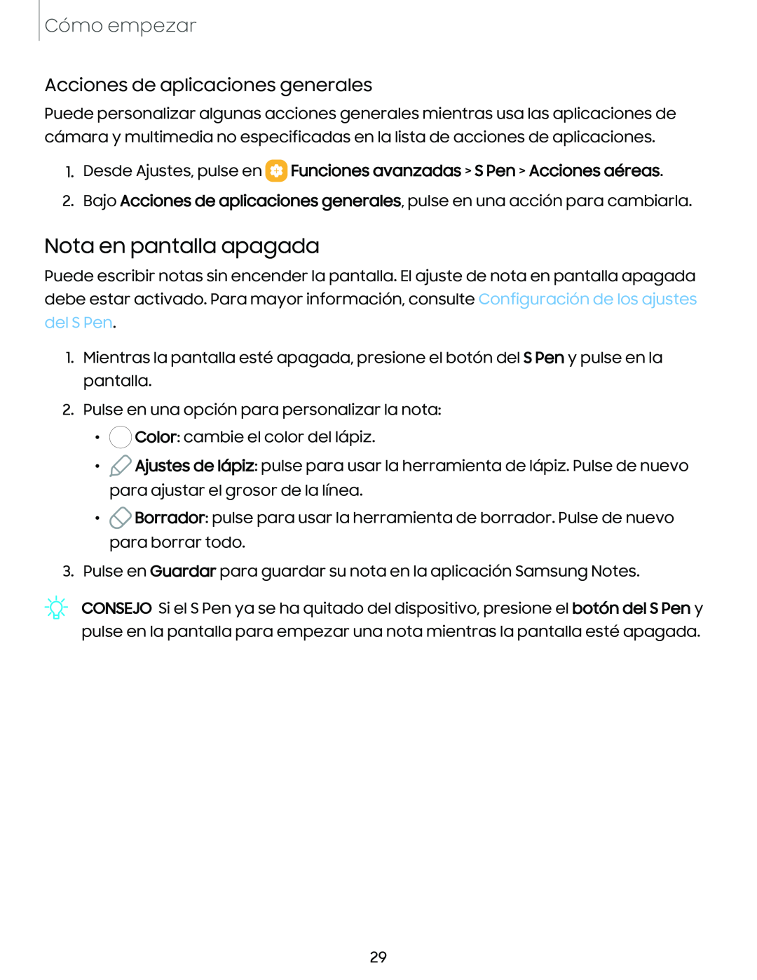 Acciones de aplicaciones generales Nota en pantalla apagada