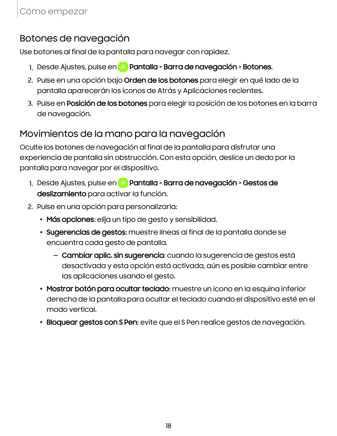 Botones de navegación Movimientos de la mano para la navegación