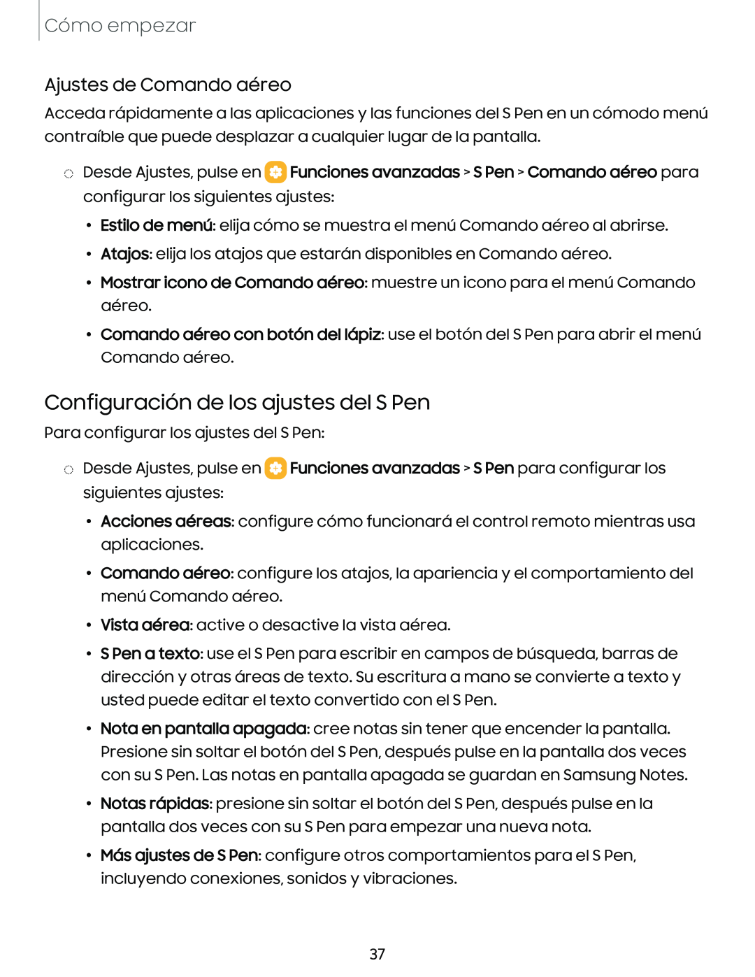 Ajustes de Comando aéreo Configuración de los ajustes del S Pen