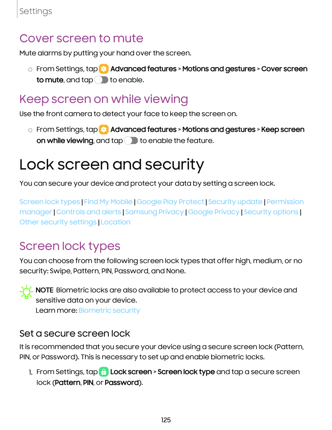 Set a secure screen lock Cover screen to mute