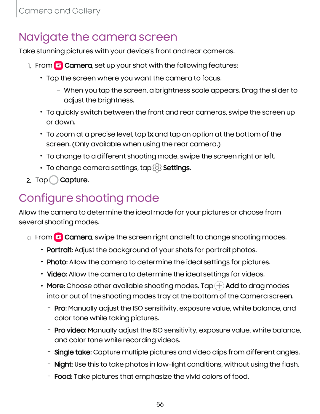 Navigate the camera screen Configure shooting mode