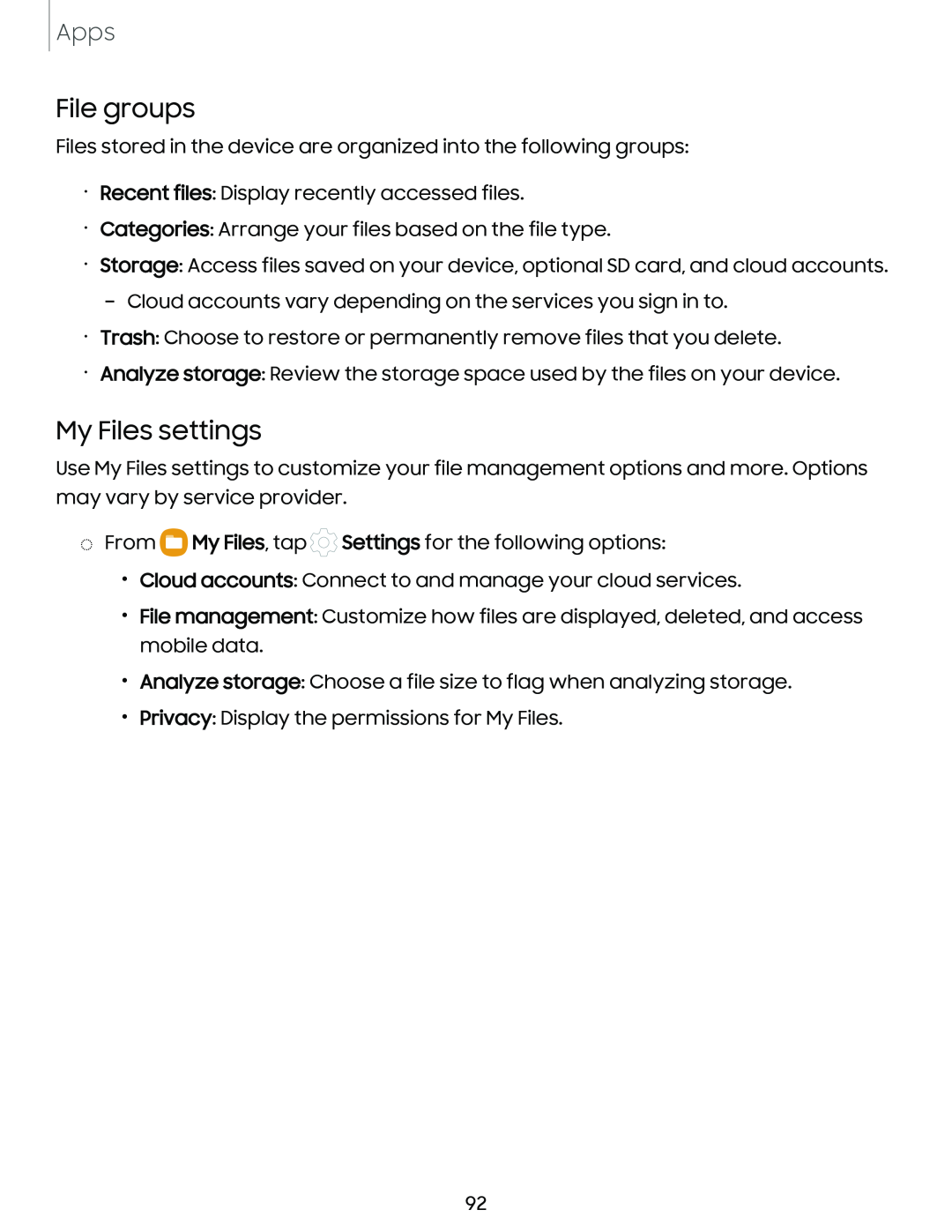 File groups My Files settings