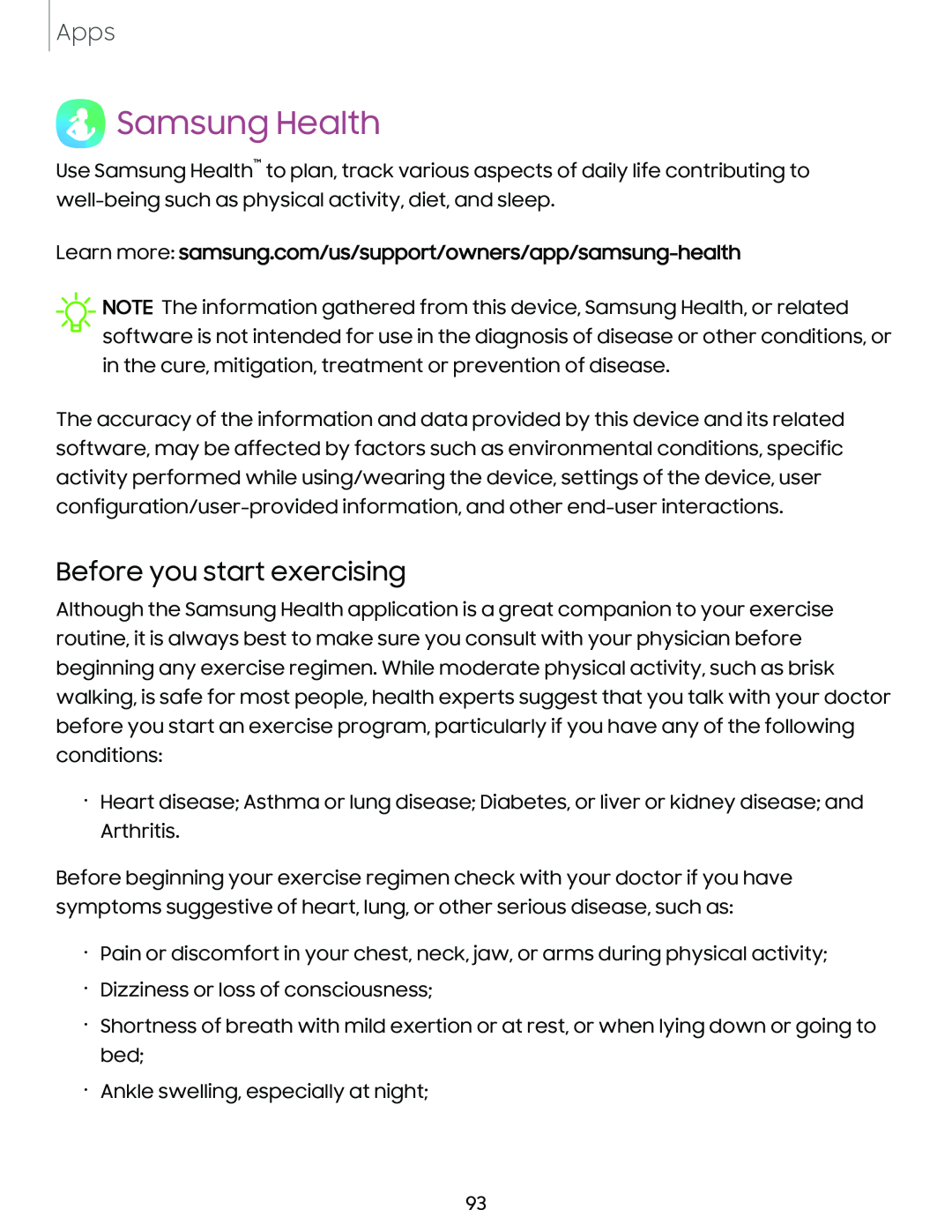 Before you start exercising Samsung Health