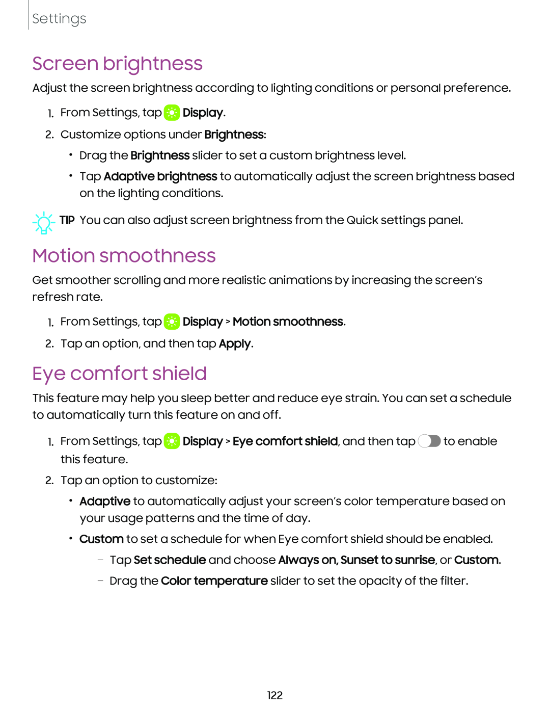 Screen brightness Motion smoothness