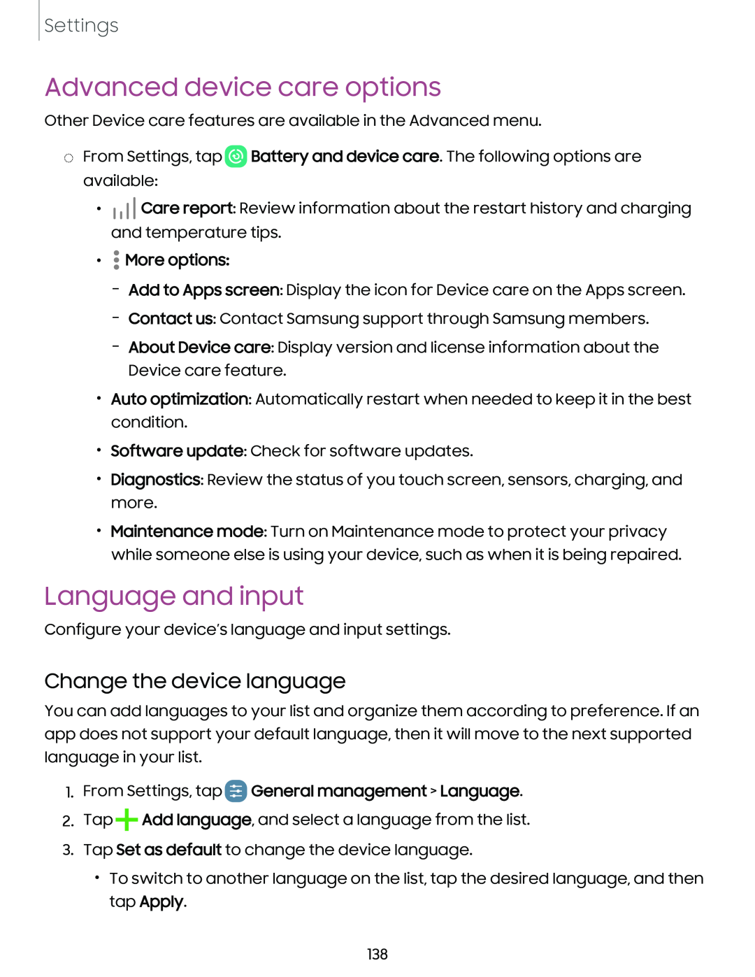 Change the device language Advanced device care options