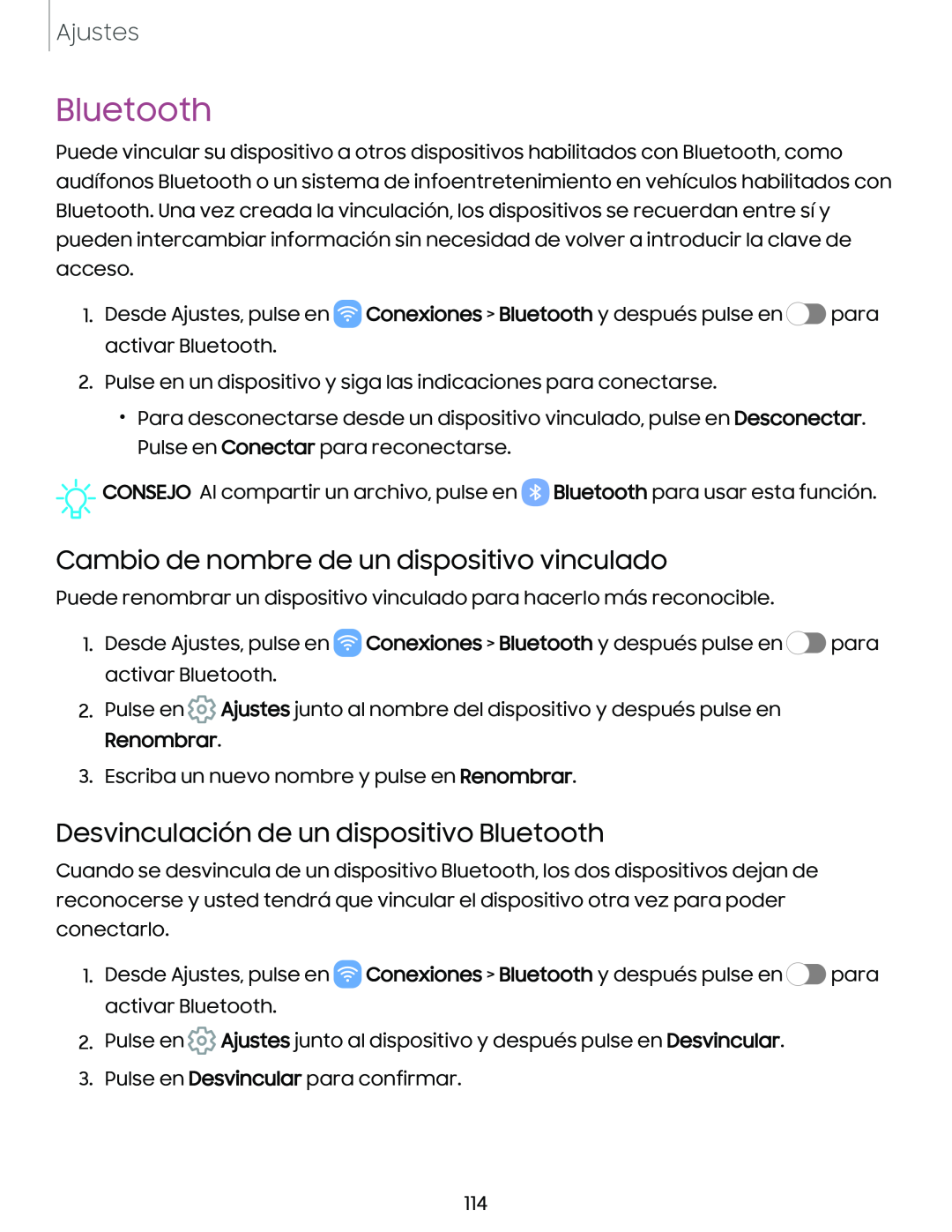 Cambio de nombre de un dispositivo vinculado Desvinculación de un dispositivo Bluetooth