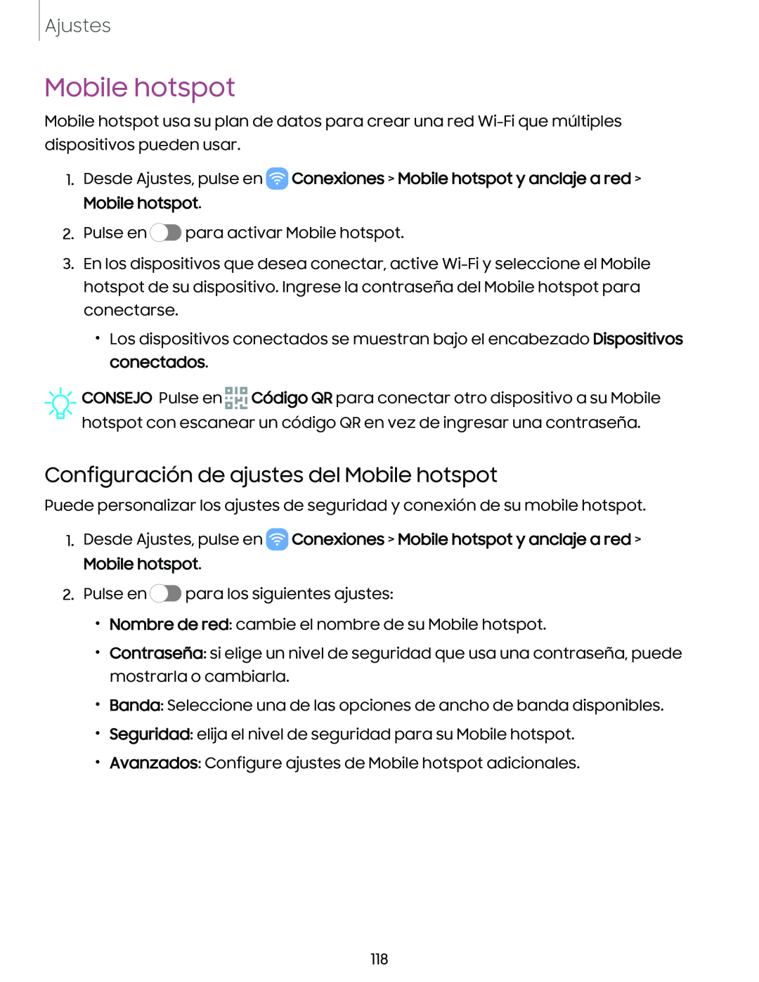 Configuración de ajustes del Mobile hotspot Galaxy Tab S9+ Charter