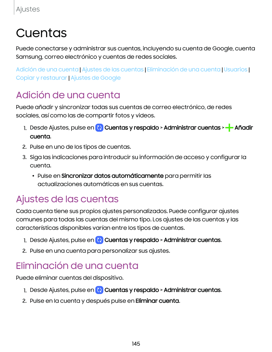 Adición de una cuenta Ajustes de las cuentas