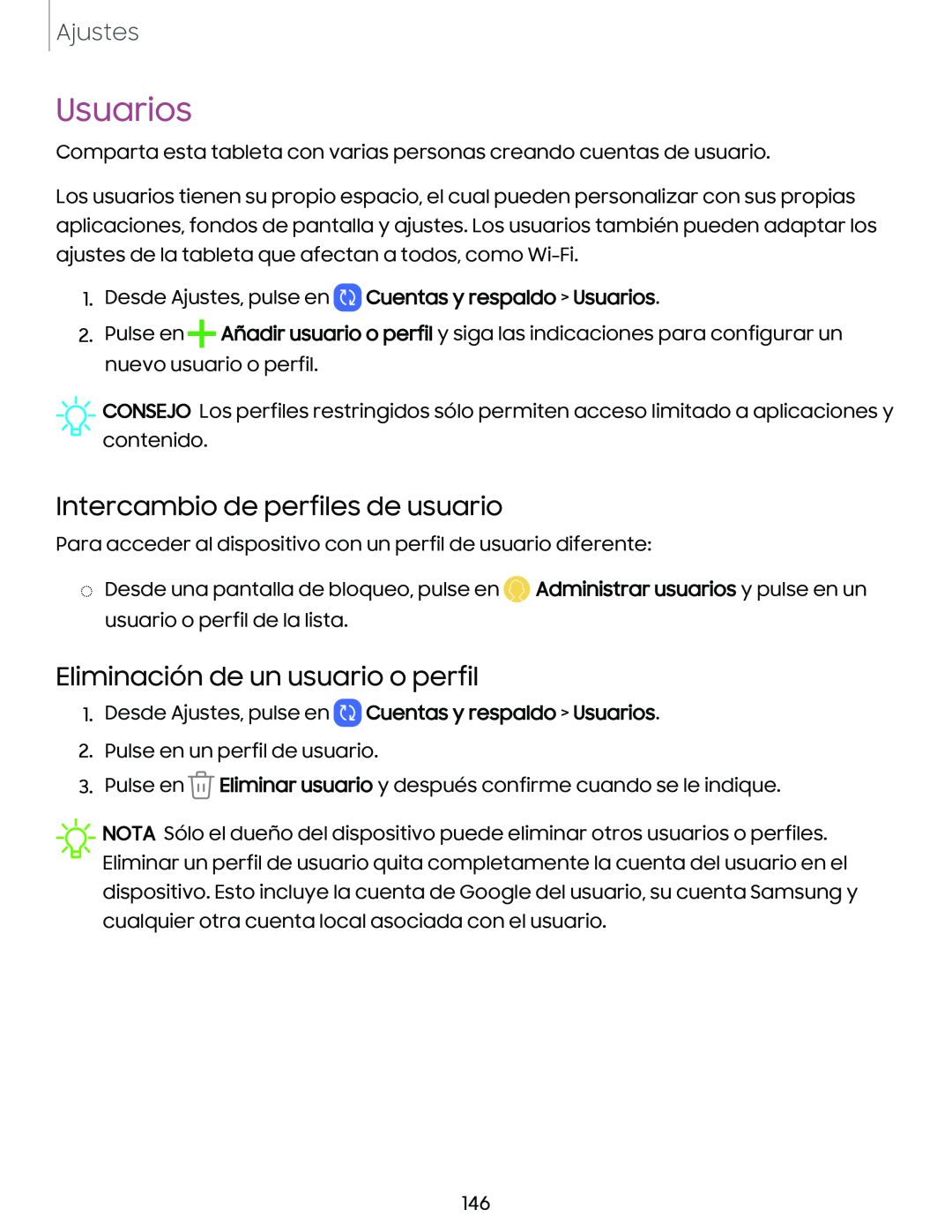 Intercambio de perfiles de usuario Eliminación de un usuario o perfil