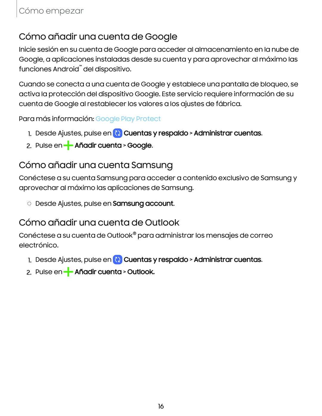 Cómo añadir una cuenta de Google Cómo añadir una cuenta Samsung