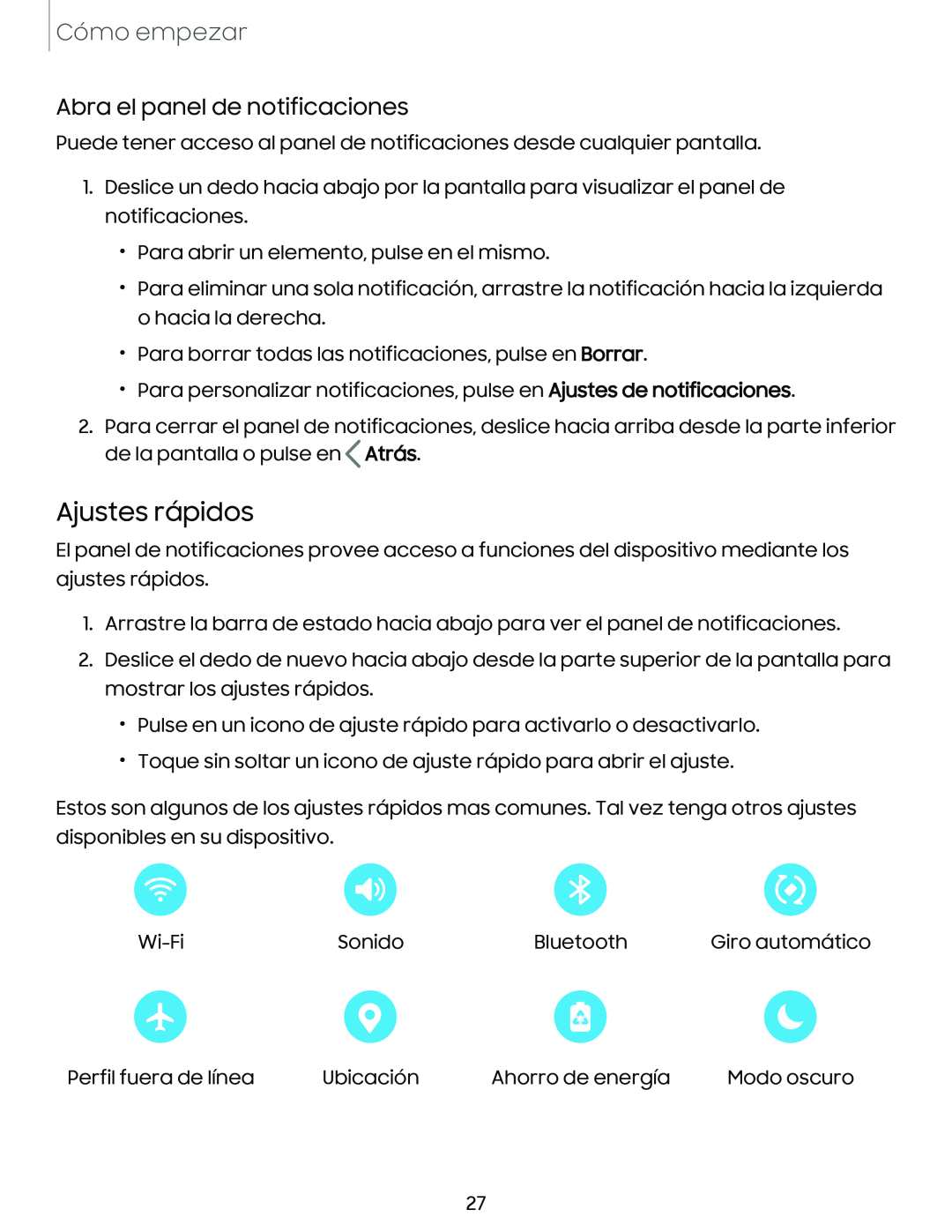 Abra el panel de notificaciones Ajustes rápidos