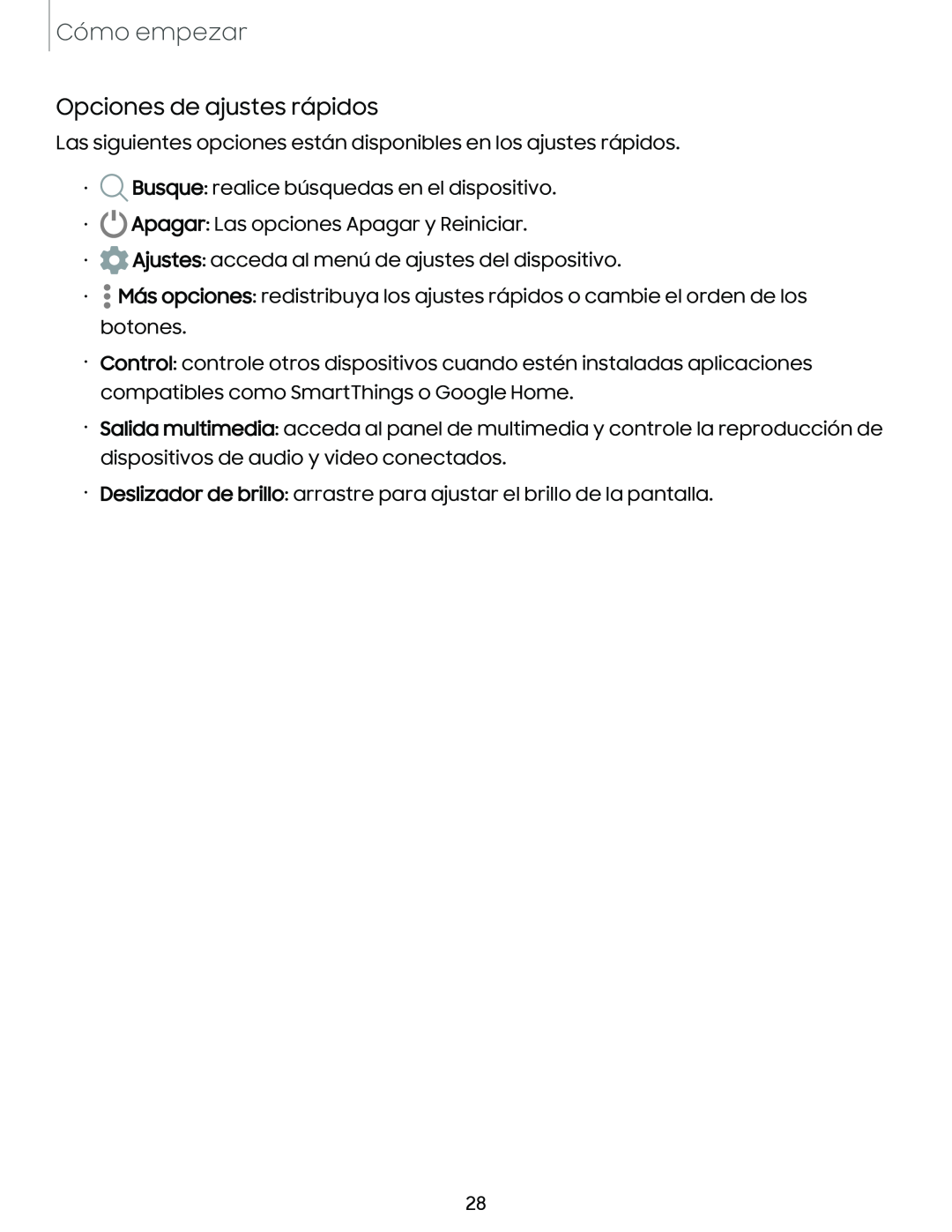 Opciones de ajustes rápidos