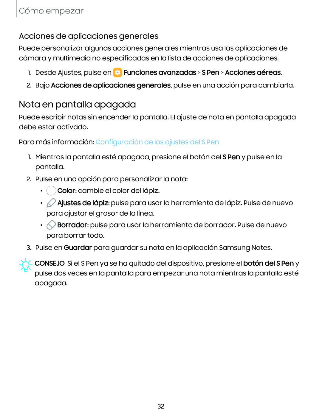 Acciones de aplicaciones generales Nota en pantalla apagada