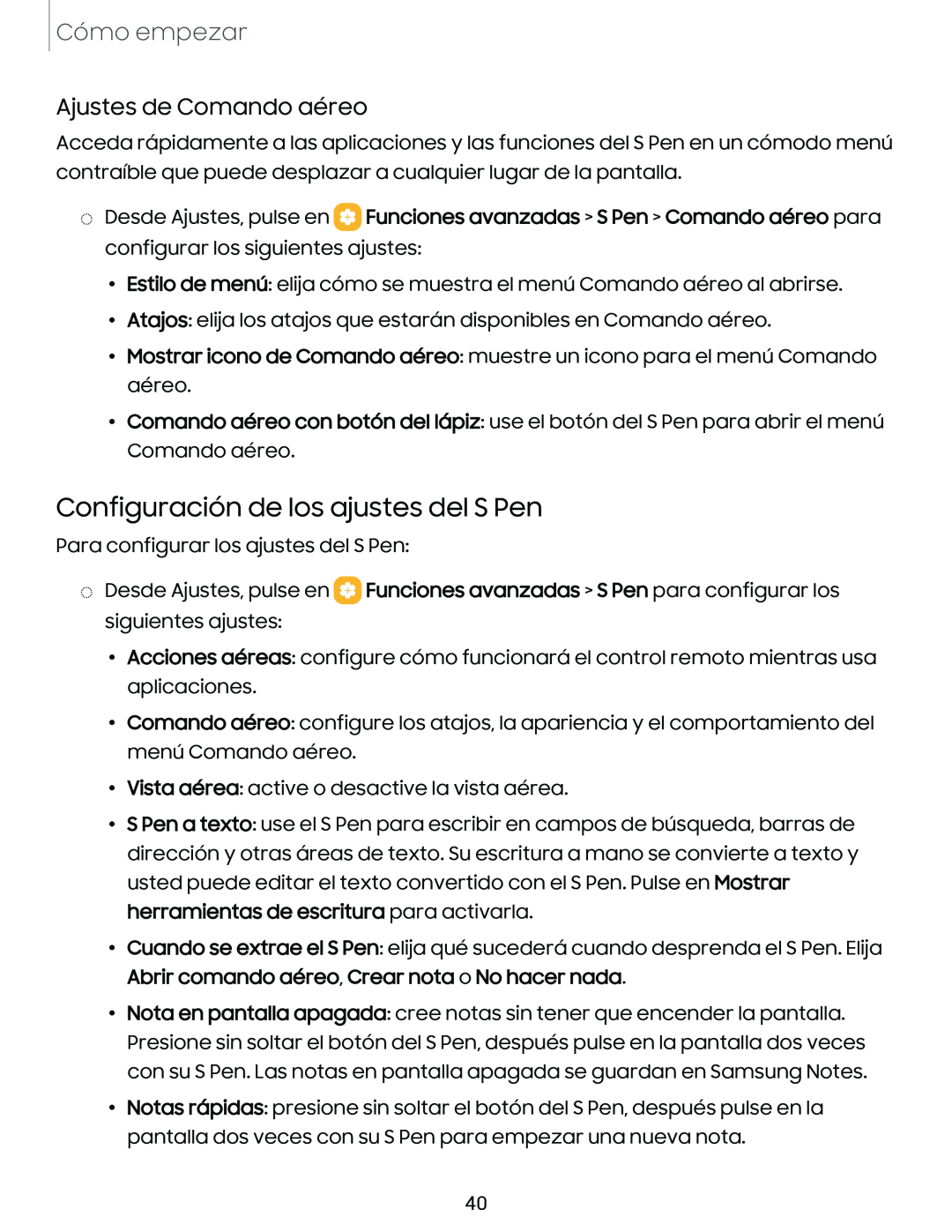 Ajustes de Comando aéreo Configuración de los ajustes del S Pen