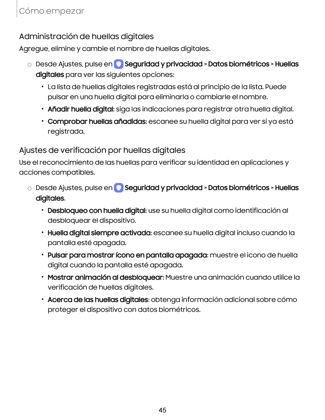 Administración de huellas digitales Ajustes de verificación por huellas digitales