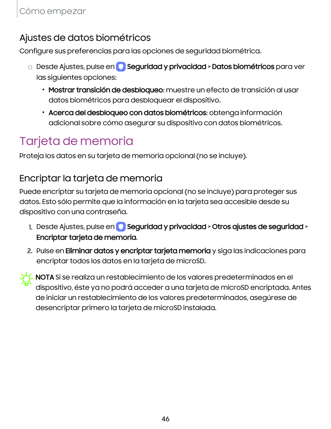 Ajustes de datos biométricos Encriptar la tarjeta de memoria