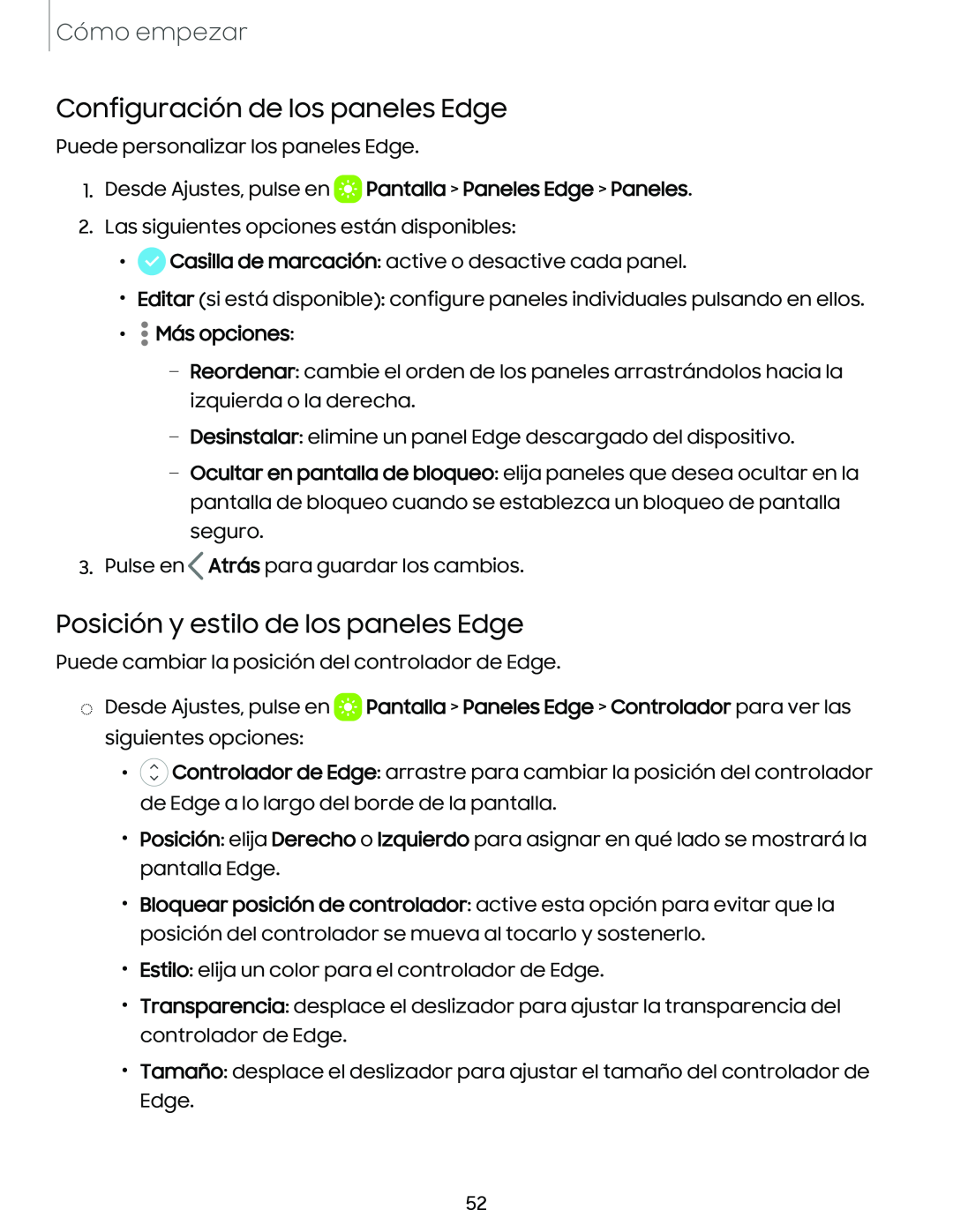 Configuración de los paneles Edge Posición y estilo de los paneles Edge