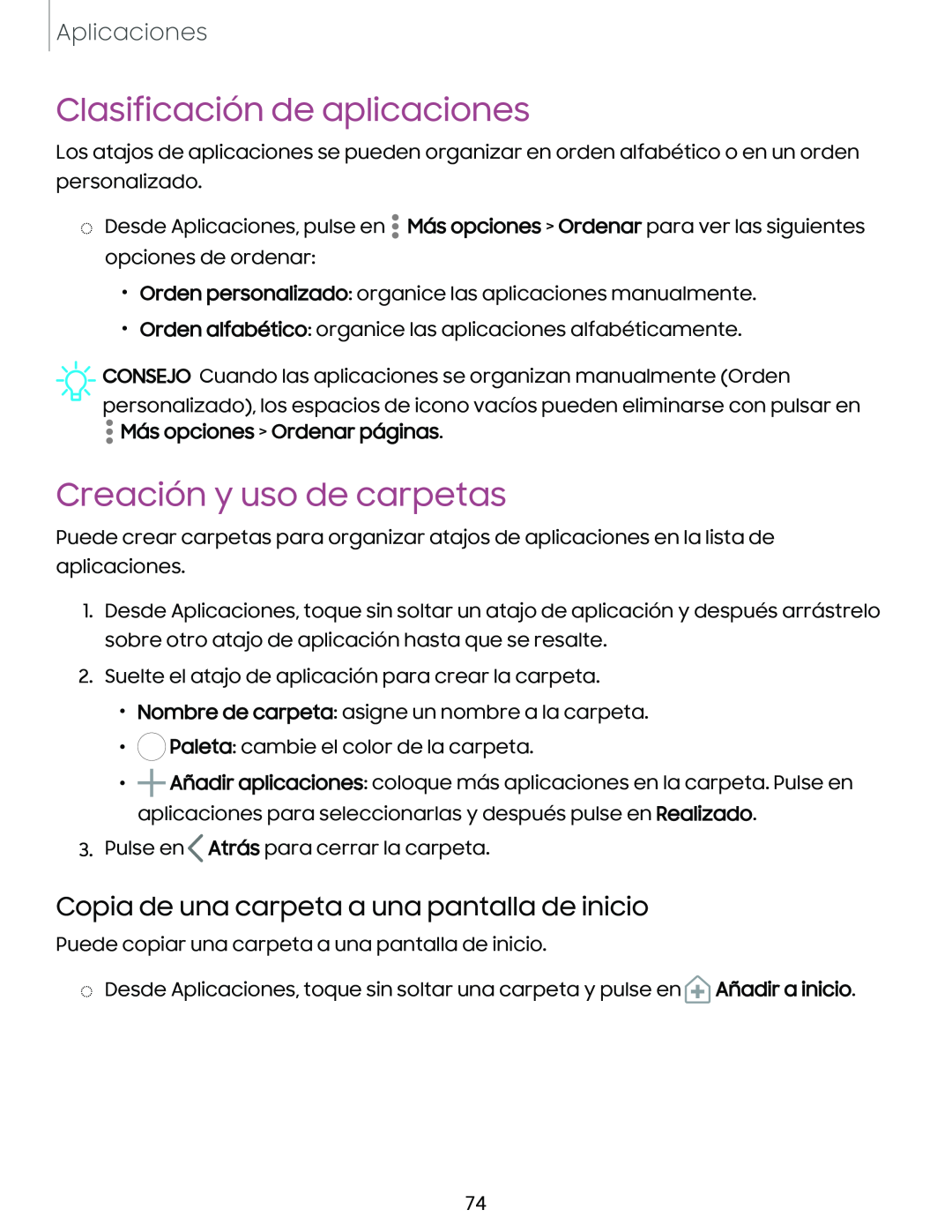 Copia de una carpeta a una pantalla de inicio Clasificación de aplicaciones