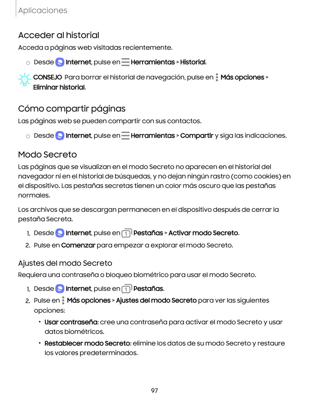 Ajustes del modo Secreto Acceder al historial