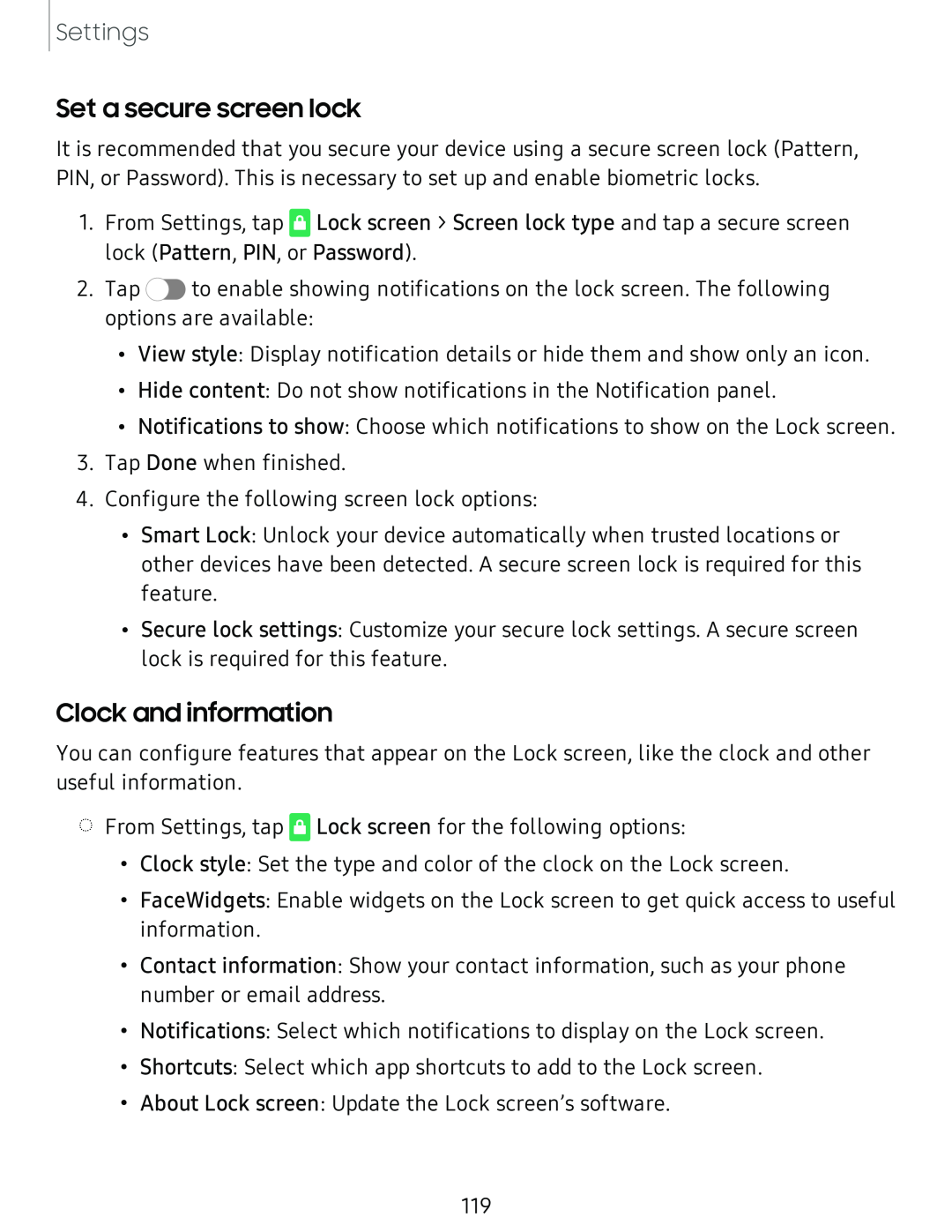 Set a secure screen lock Clock and information