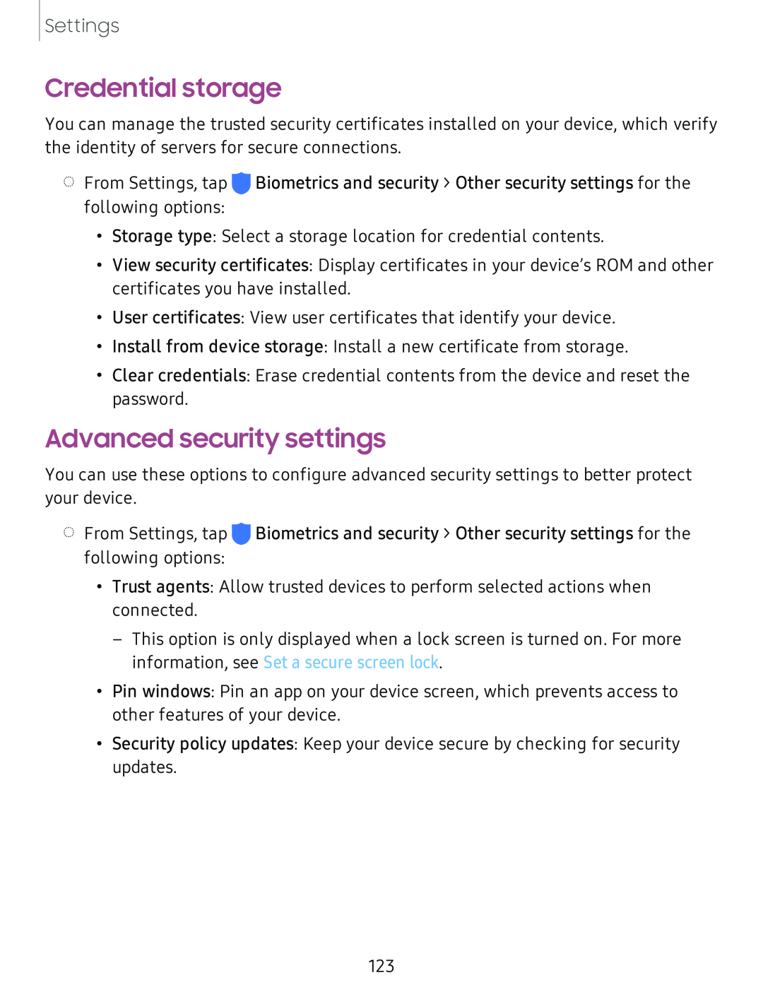 Credential storage Advanced security settings