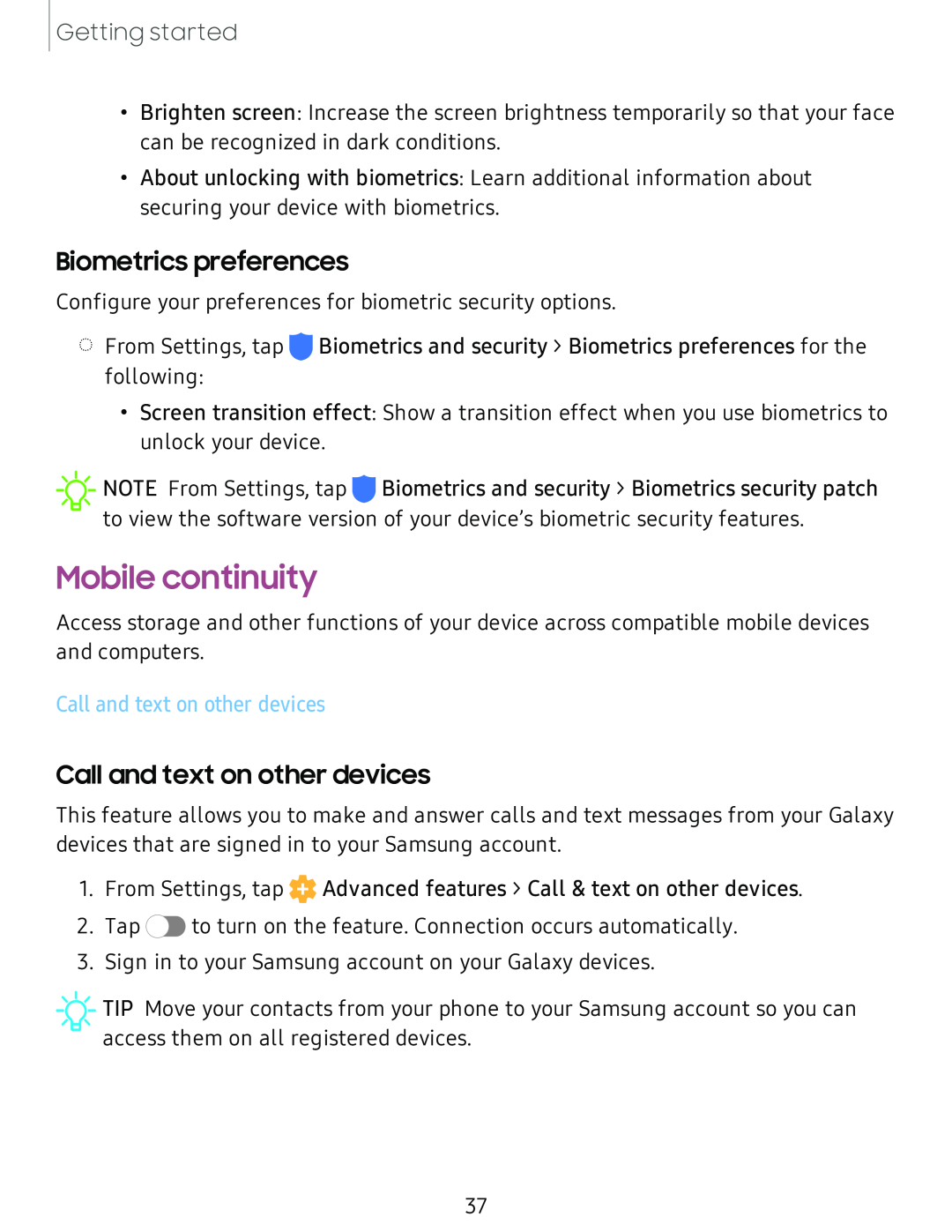 Biometrics preferences Call and text on other devices