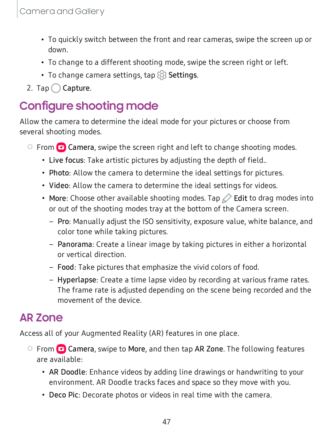 Configure shooting mode AR Zone